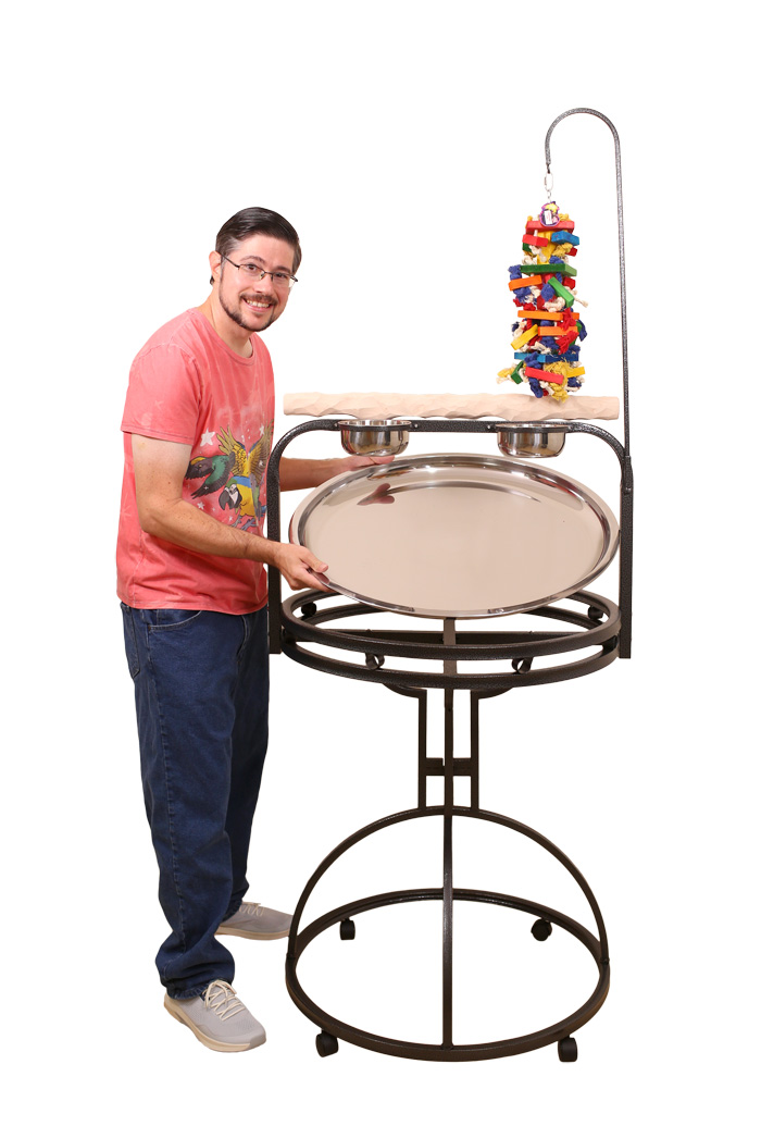 Removable Stainless Steel Tray on XL Hardwood NU Perch Parrot Playstand